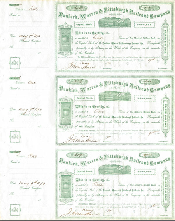 Dunkirk, Warren and Pittsburgh Railroad Co - Set of 3 Stocks Uncut - Railway Stock Certificates